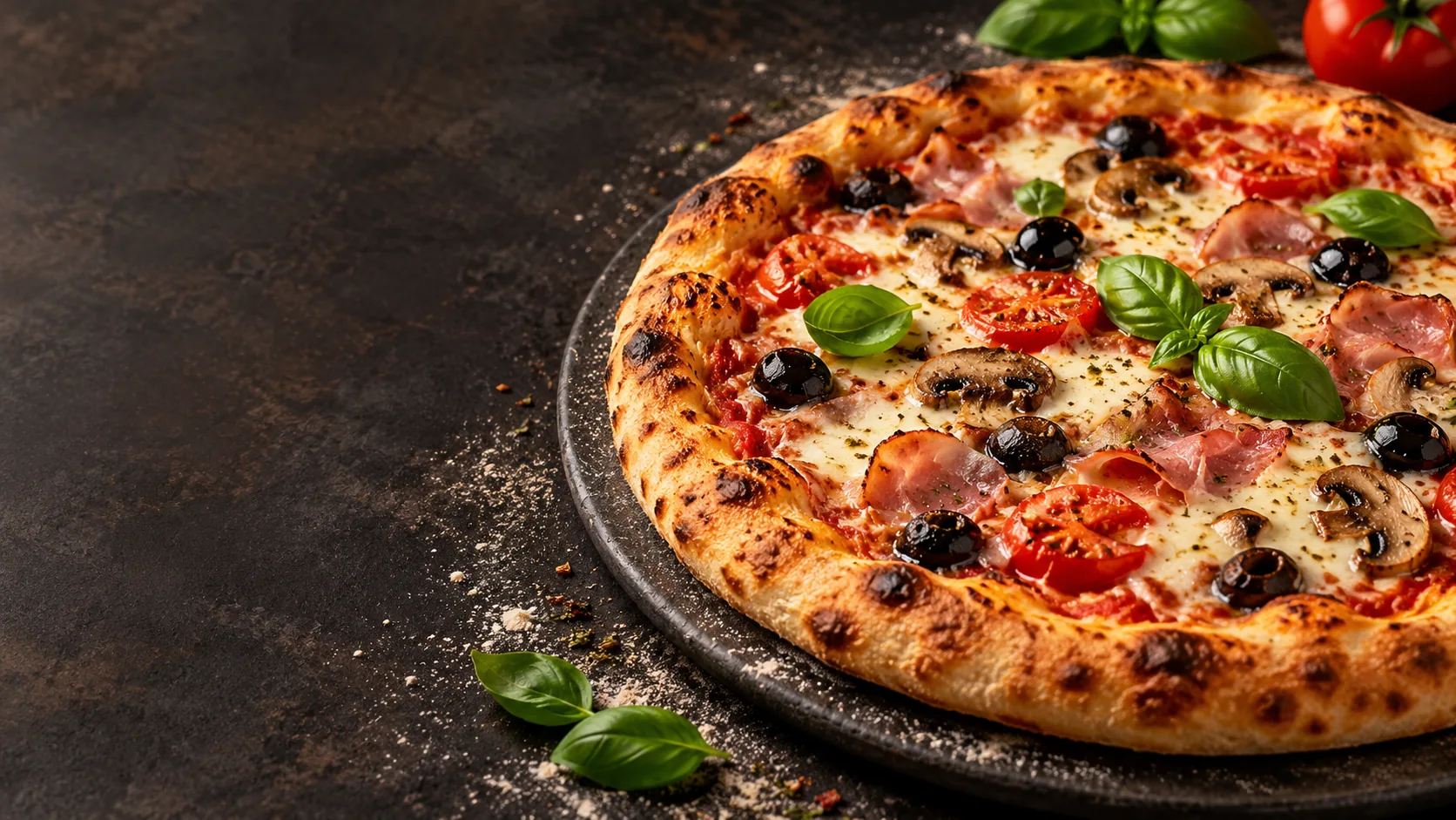 Pizza cu mozzarella, șuncă, ciuperci, măsline și busuioc — imagine de prezentare